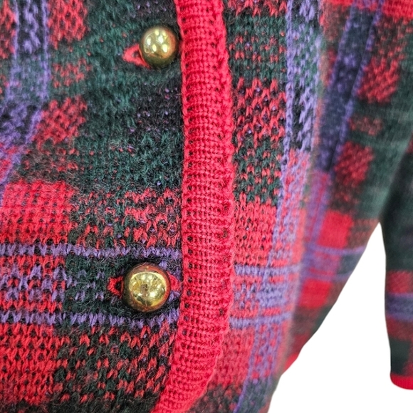 Vintage 90s Grandmacore Boiled Wool Sweater Cardigan Sz Large Red Green Holidays - Picture 9 of 12